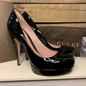Gucci Vernice Crystal Patent Platform Pumps Heels Black Sz 39.5 Office Cocktail